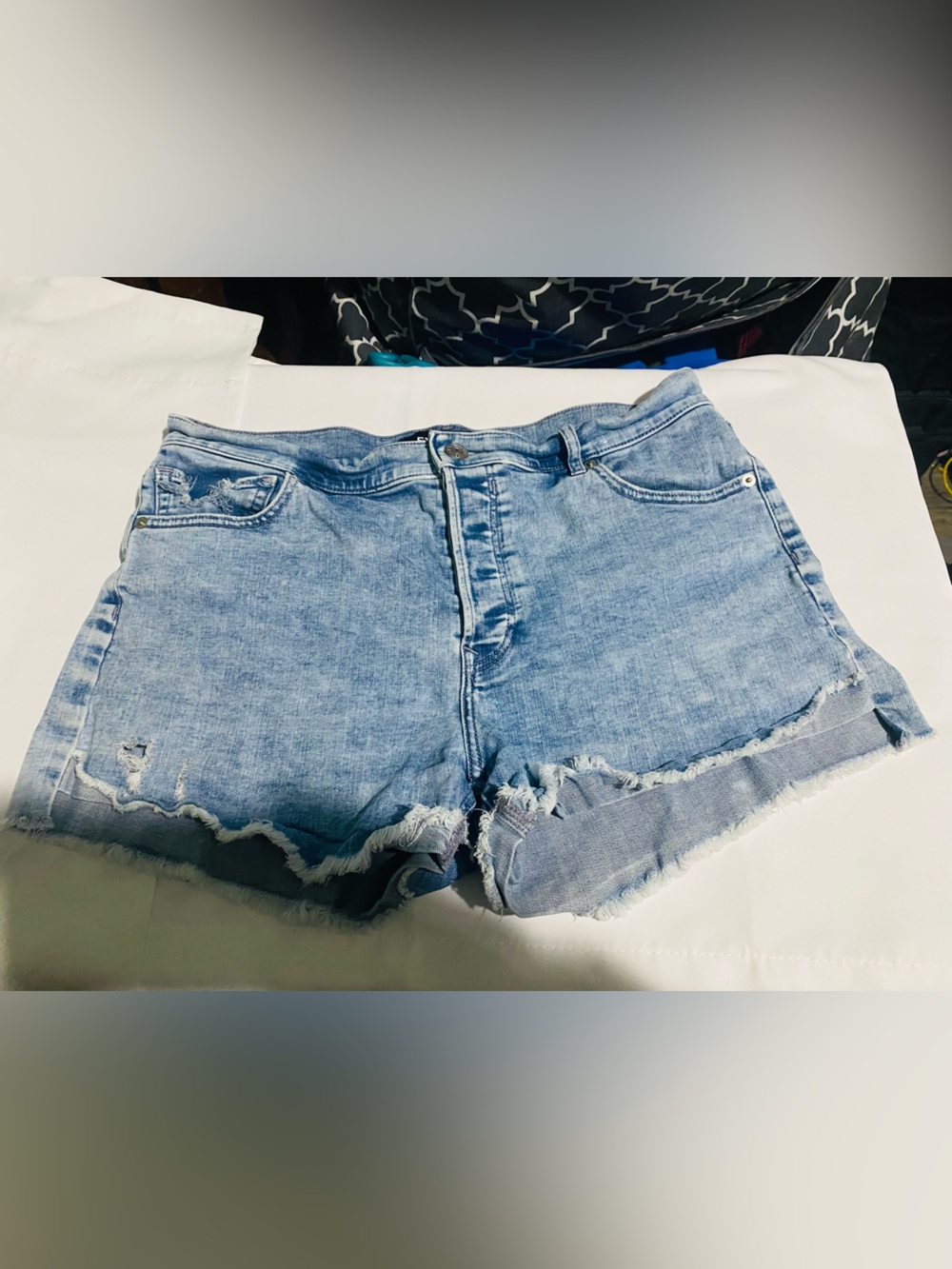 Express Light Blue High-Waist Frayed Denim Shorts